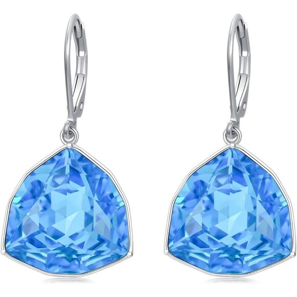 Sterling Silver Aquamarine Geometric Birthstone Dangle Drop Earring Jewelry - Picture 1 of 5